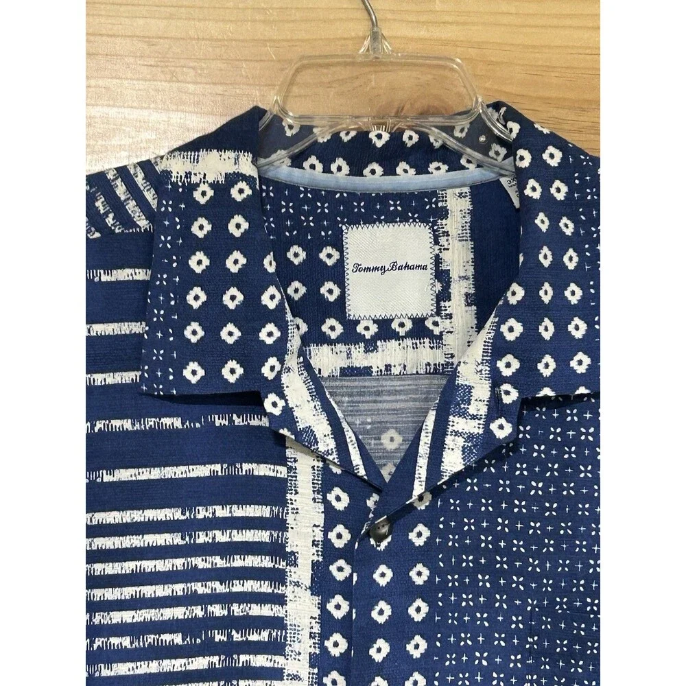 Tommy Bahama Silk Cotton Blend Shirt Sleeve Button Up Blue White Boho 3XL